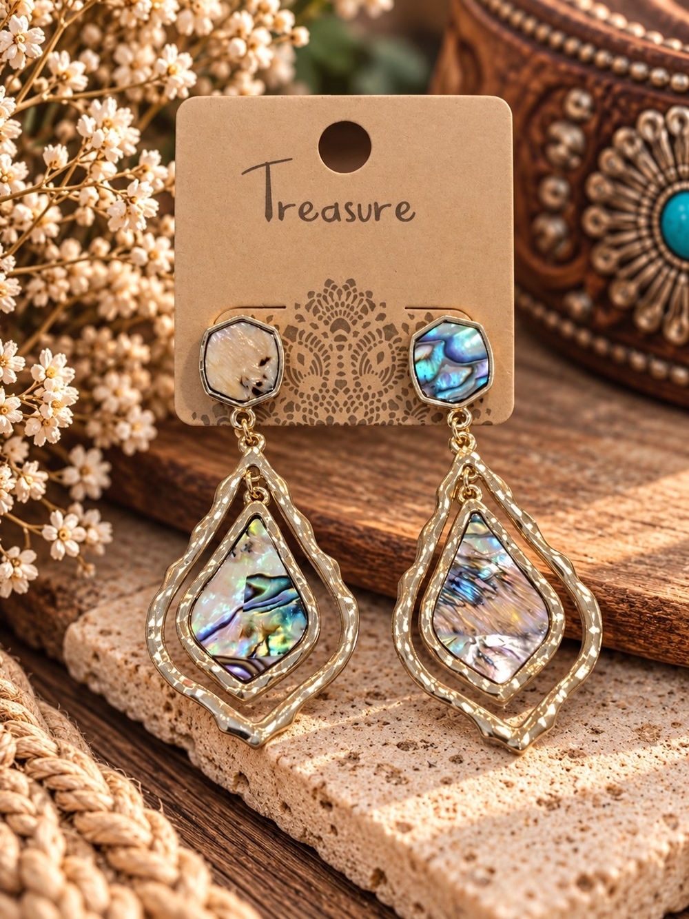 Gold Tone Abalone Style Teardrop Statement Earrings - Iridescent